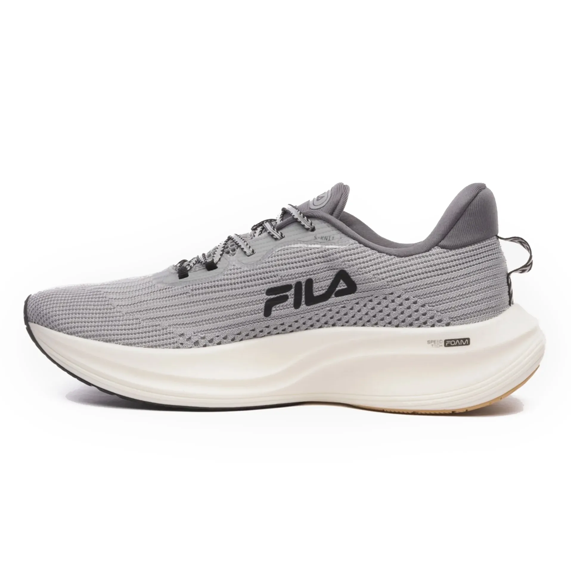 Tênis de treino masculino Fila Racer Speedzone cinza visto de lado com design moderno